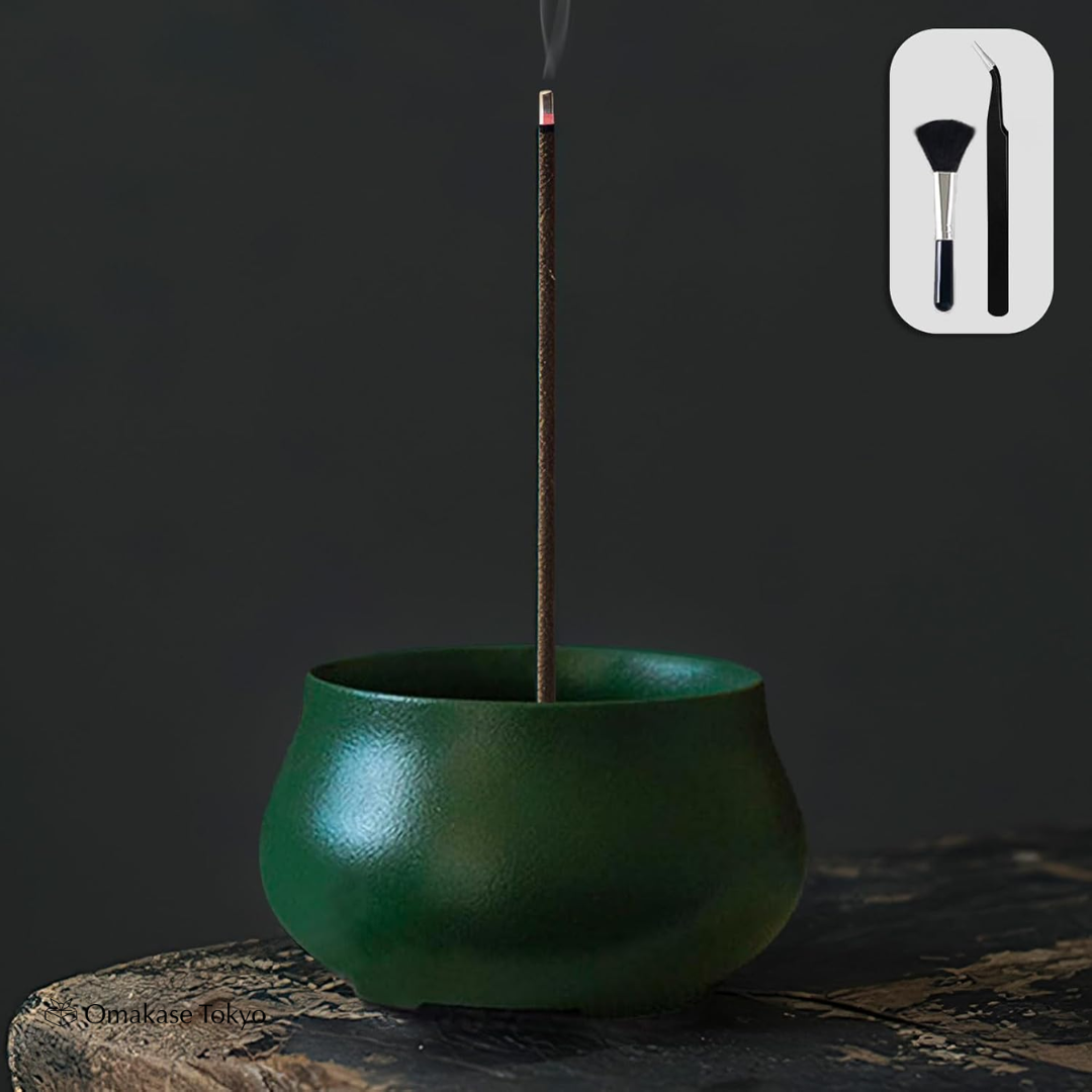 GOKEI Japanese Ceramic Incense Holder Set with Brass Stand