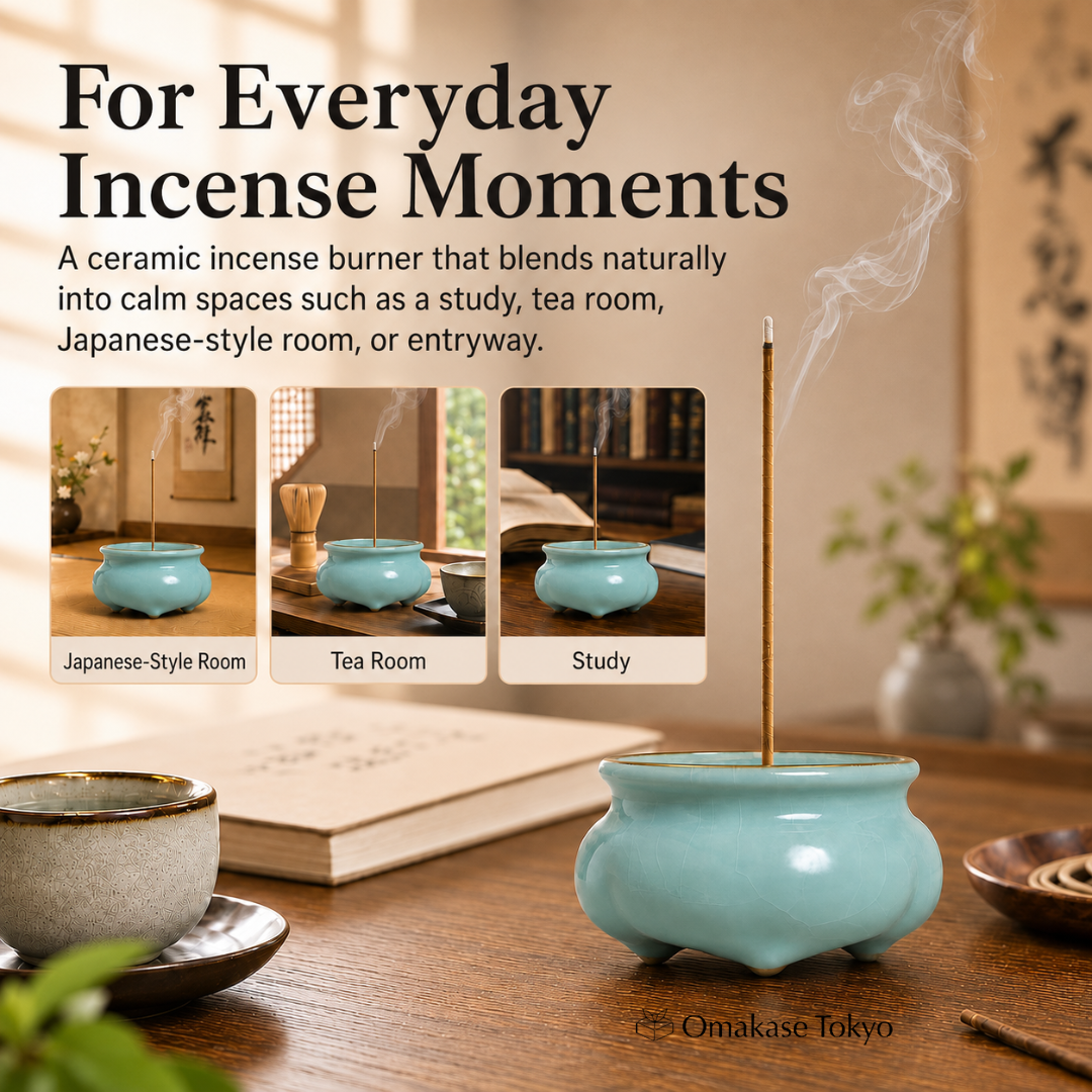 Rythene Celadon-Style Ceramic Incense Holder with 9-Hole Stand