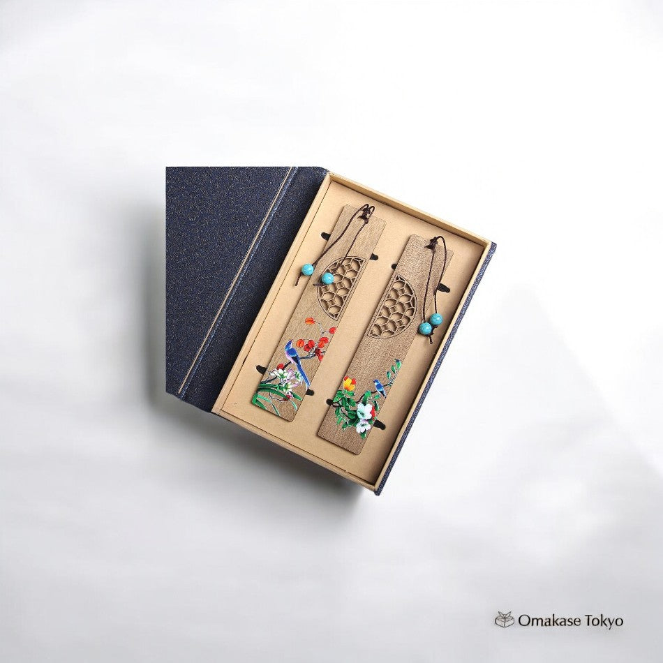 Ensemble de marque-pages en bois de style japonais – motif oiseau et fleur