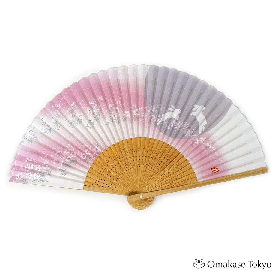 Kimono Iroha Japanese Fan Sensu White Bamboo Carving, Rabbit in Flowers