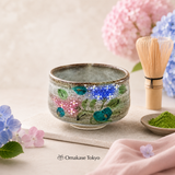 Hyakkaen Kutani Ware Hydrangea Matcha Bowl, Pink & Blue