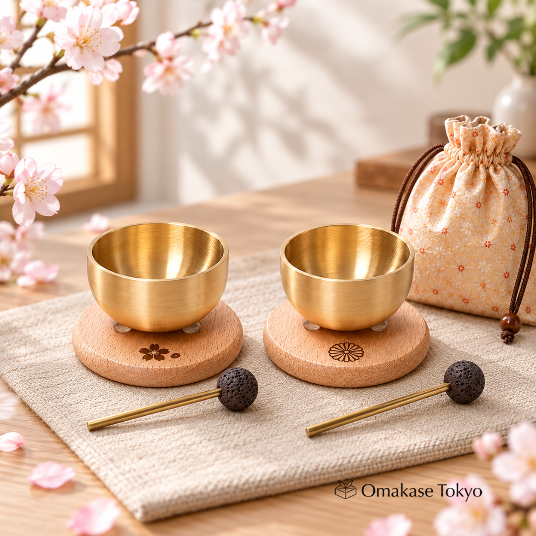 3-Piece Brass Orin Bell Set with Wooden Floral Base