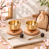 3-Piece Brass Orin Bell Set with Wooden Floral Base