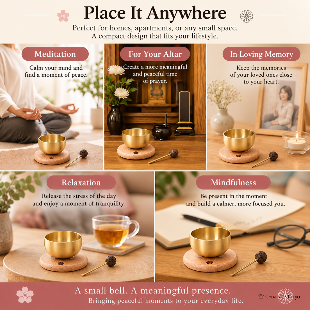 3-Piece Brass Orin Bell Set with Wooden Floral Base