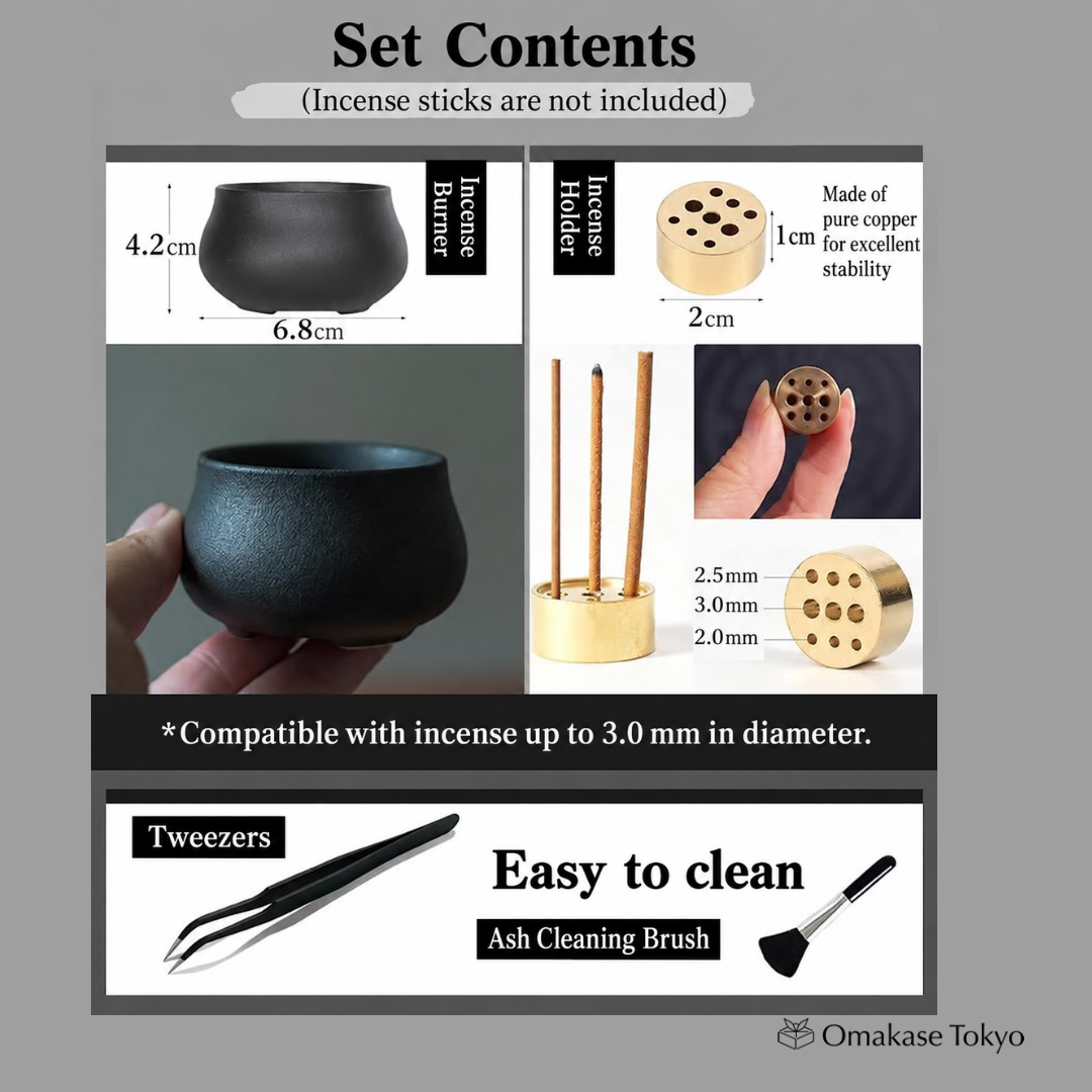 GOKEI Japanese Ceramic Incense Holder Set with Brass Stand