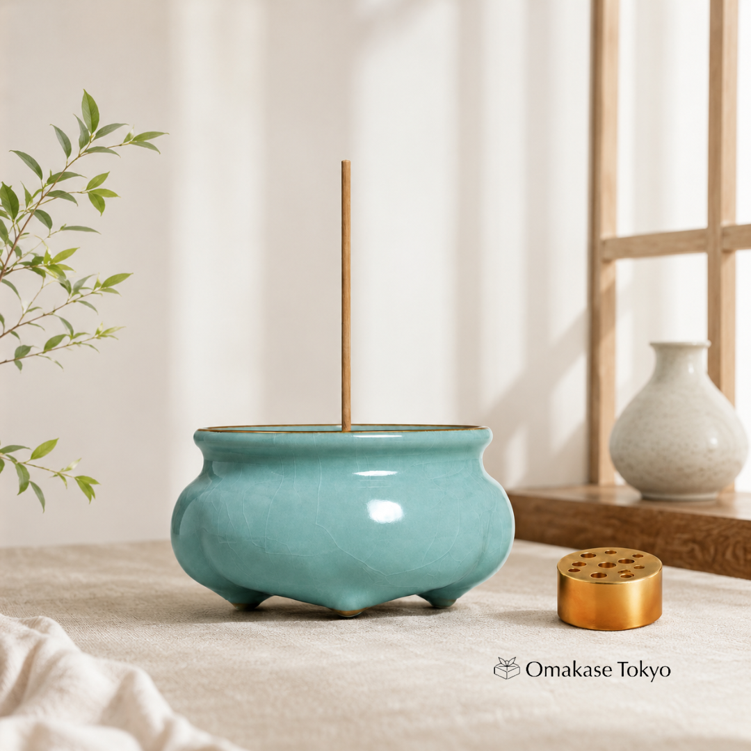 Rythene Celadon-Style Ceramic Incense Holder with 9-Hole Stand