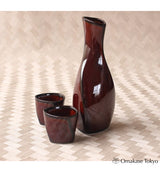 Ale-net Lacquered Folded Tokkuri (Small) & 2 Sake Cups Set, Mino Ware Ceramic