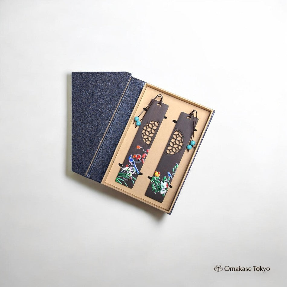 Ensemble de marque-pages en bois de style japonais – motif oiseau et fleur